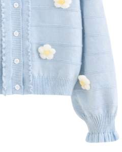 Customized <b>Women</b> Baby Blue Knit <b>Cardigan</b> Sweater With <b>White</b> Flower Applique Ruffle V Neck Button Front Cute Winter Fashion Top - Product Image 6