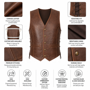 Chaleco de Cuero Genuino Marrón para Hombre, Estilo Vintage con Cuello en V, Cierre de Botones y Espalda con Cordones, Ropa de Abrigo para Otoño - Product Image 2