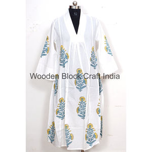 Indian Voile Cotton Hand Block Print <b>Dress</b> Deep V-Neck Three-Quarter Sleeves Long Party Wear Kurti for Women Girls Casual <b>Dress</b> - Product Image 3
