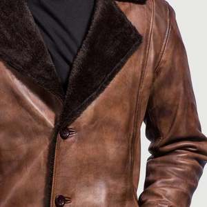 <b>Men's</b> Cinnamon Distressed Leather Fur <b>Coat</b> - Product Image 6