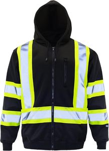 Manches longues nouveau sweat à capuche de sécurité réfléchissant noir fermeture éclair haute visibilité logo sur mesure sweat à capuche de sécurité avec poche - Product Image 2
