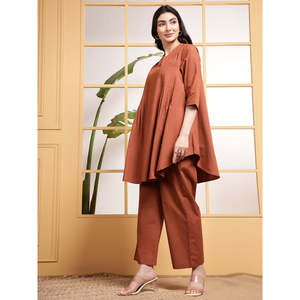 Conjunto de 2 Piezas Deebaco para Mujer, Túnica Holgada de Algodón Sólido y Pantalones Anchos, Cuello en V, Manga 3/4, Estilo Casual, Largo hasta el Tobillo - Product Image 4