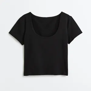 2023, оптовая продажа, черный короткий приталенный женский топ из мягкого хлопкового джерси с низким вырезом и коротким рукавом, футболка с прямым подолом