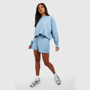 Conjuntos de 2 Piezas de Verano para Mujer, 100% Algodón, Cuello Redondo, Sudadera Corta, Pantalones Cortos, Hombros Caídos, Manga Corta, Ropa Urbana Transpirable - Product Image 3