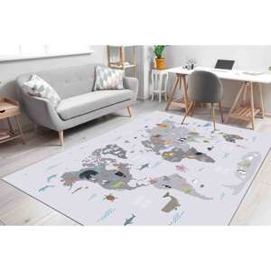 Tapis imprimé - Tapis pour enfants, Tapis avec carte du monde et animaux, Tapis en chenille - Product Image 2