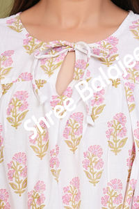 Écologique 100% coton haut verdâtre Floral main bloc imprimé Peplum Style chemisier court décontracté fête porter manches courtes lavable - Product Image 5