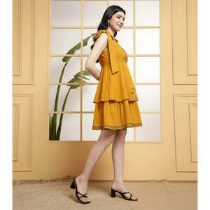 Vestido Corto Deebaco para Mujer, Amarillo, Corte en A, con Bordado Floral, Sin Mangas, Estilo Casual de Verano, Estilo Occidental - Product Image 5