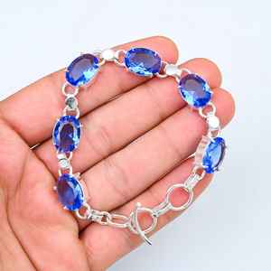 Bracelet de fête de mariage bohème en Tanzanite bleue de luxe, argent sterling 925, pierre précieuse ovale facettée réglable, élégant, fait à la main - Product Image 4