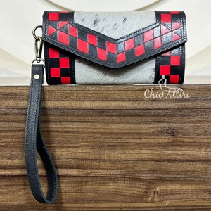 Portefeuille long tendance à poignets pour femmes, fait main, à carreaux rouges et noirs, grande capacité, blocage RFID, porte-cartes, pochette - Product Image 1