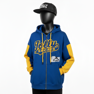 เสื้อฮู้ดซิปผ้าฟลีซคุณภาพสูงสำหรับผู้หญิง 320 GSM ดีไซน์สีน้ำเงินและเหลือง ปักโลโก้และแพทช์ตามสั่ง เสื้อฮู้ดซิปแบบพื้นฐาน - Product Image 4