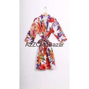 Robe de chambre vintage de luxe pour femmes, en coton 100%, tissée à la main, à fleurs, col en V, cordon de serrage, trois quarts de longueur, douce, respirante, séchage rapide - Product Image 1