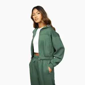 65% Cotton 35% Polyester Cropped Athletics Club Full Zip Hood Racing Green Women's Tracksuit Top Hoodie