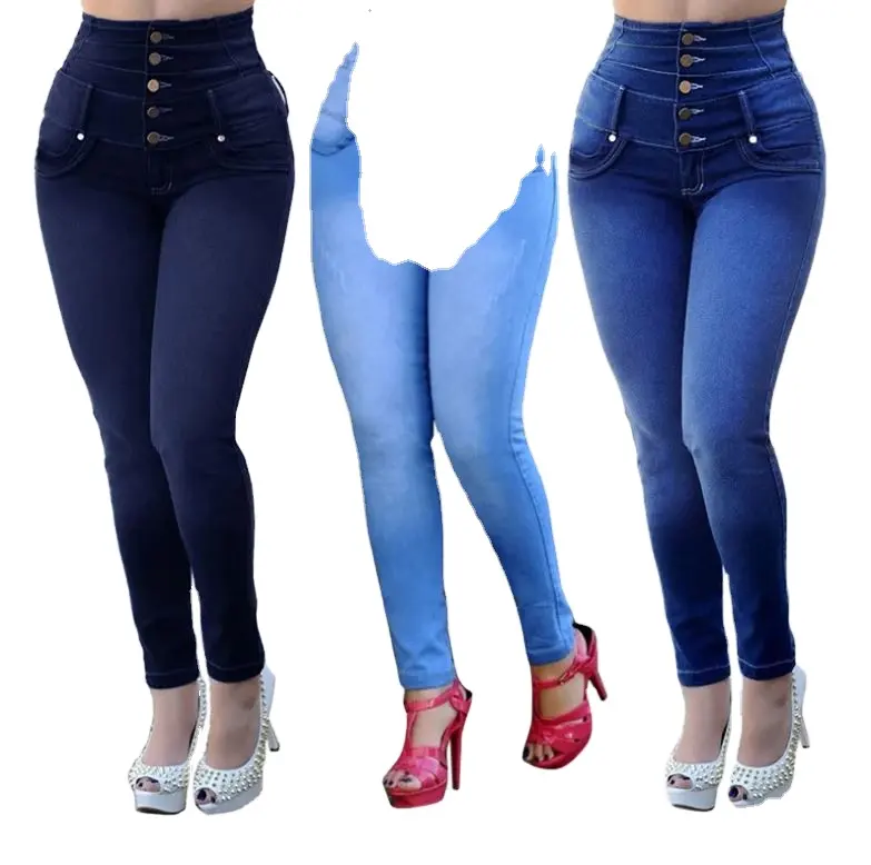 Groothandel Sexy Topkwaliteit Hoge Taille Skinny Plus Size Dames Jeans Slim Fit Broek Jeans (Elastische Taillebanden)