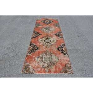 Tapis en laine turque vintage 3.3x9.2 pieds Orange Beige Patchwork Design pour salon couloir grand tapis de tissage pour les adolescents - Product Image 1