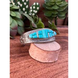 Navajo Kingman Turquoise & Sterling <b>Silver</b> Cobblestone Tufa Cast Fashionable <b>Cuff</b> <b>Bracelet</b> - Product Image 3