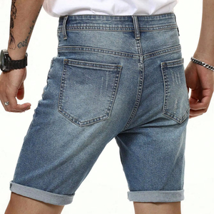 Pantalones cortos de mezclilla de cintura media informales de tendencia de moda de verano para hombre, patrón de puntos de lona, lavado oscuro, bolsillo desgastado, dobladillo de pie bordado 100% - Product Image 2