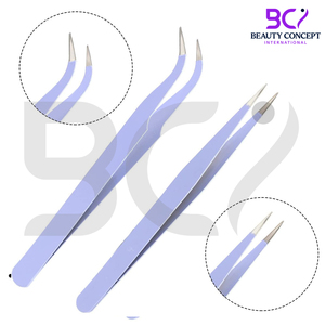 2 pinces à cils en acier inoxydable, pointe droite et courbée, couleur violette, pour extensions de cils - Product Image 4