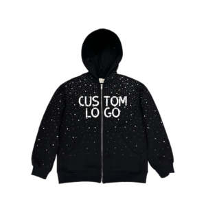 Pull à capuche doublé brodé de diamants colorés personnalisés de haute qualité, 100% coton, pour homme, automne, poids lourd, entièrement orné de strass, fermeture éclair - Product Image 1