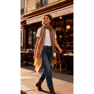 Écharpe en laine fine Les Stras avec bordure Heritage, couleur camel, légère et respirante, écharpe d'hiver de luxe - Product Image 3