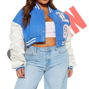 Chaqueta bomber azul cielo de alta calidad para mujer de fabricante OEM, parches en el cuello, chaqueta universitaria sexy para mujer para la universidad y las fiestas del club - Product Image 1