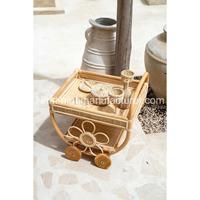 Chariot de service pour aliments et boissons en rotin naturel pour enfants, chariot à thé en rotin, chariot de jeu d'imitation pour enfants