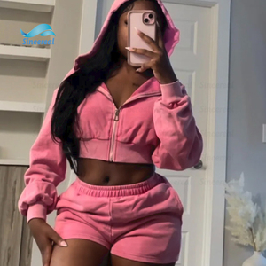 Oversized Acid Wash Distressed Embroidered Zip up Cropped Tracksuit Two Piece Women Sweatsuit <b>Set</b> - Product Image 3
