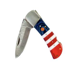 American Flag Handle Custom Handmade Damascus Steel Back Lock Folding Pocket <b>Knife</b> With Leather <b>Sheath</b> - Product Image 2