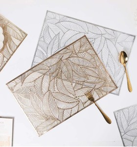 Gold Grey Metal Rectangular <b>Placemats</b> with Leaf Pattern Cutwork Decorative <b>Dining</b> <b>Table</b> Centerpiece for Hotel & Restaurant Use - Product Image 6