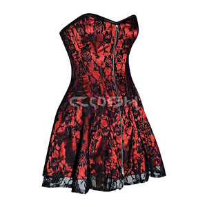 Mini-robe de mariée corset en satin rouge avec dentelle florale noire et baleines en acier |   Fournisseur de tenues de mariage romantiques et sexy avec corset - Product Image 1