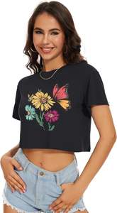 Tops cortos de invierno para mujer, blusa informal de algodón/poliéster/Rayón/LICRA con manga corta y cuello redondo, camisetas holgadas - Product Image 2