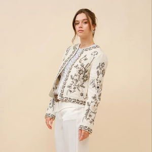 Chaqueta con cremallera de algodón bordado mixto con cuello redondo Puff Hombros Corte relajado-Transpirable teñido para uso en primavera e invierno - Product Image 1