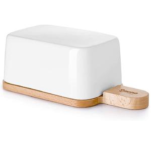 Beurrier en acier inoxydable de couleur grise avec couvercle de couleur marron en bois Ustensiles de cuisine ménagers de qualité exclusive en métal - Product Image 1