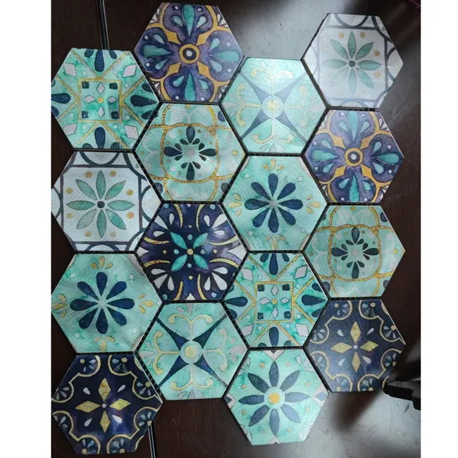 Europe good-looking color hexagonal leaf shape printing metal stainless steel aluminium mosaic for wall decoration