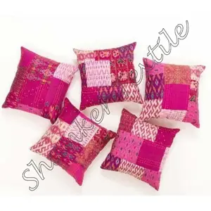 Indian Silk Kantha Stitch Cushion Cover Patch Work Pillow Cover Throw India 16" Handmade Kantha Silk Patchwork Cushion Cases