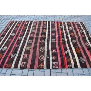 Turkish Kilim Large Rug 5.9x8.8 ft (180x268 cm), Vintage <b>Brown</b> Patchwork <b>Wool</b> Rug - Product Image 3