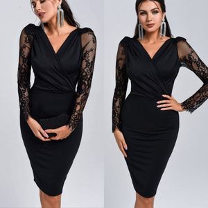 Robe courte en crêpe à manches longues et col drapé pour femme avec manches en tulle, 29948 - Noir - Product Image 4