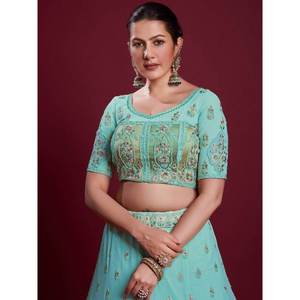 Robe de bal longue en georgette à paillettes turquoise douce, Lehenga Choli pour réception et soirées - Product Image 4