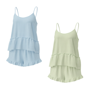 Ensemble de pyjama classique pour femmes, en tricot côtelé tissé, avec taille élastique et ourlet à volants, comprenant un haut de pyjama et un short, pour la détente et le sommeil, vente en gros - Product Image 1