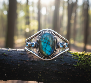 Rudra Gems Men's Bohemian Fashion <b>Bracelet</b> Handcrafted Natural Labradorite Cabochon High Quality Tibetan Silver Beaded 14K <b>Gold</b> - Product Image 3