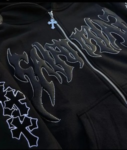 Survêtement à capuche en coton 100% de haute qualité, grande taille, coupe ample, délavé à l'acide, orné de strass, couleurs personnalisables, streetwear d'hiver - Product Image 3