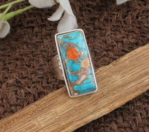 Anillo de plata empañado bohemio de estilo Vintage hecho a mano con ostra cobre turquesa piedra preciosa forma ovalada anillo de bodas de piedra para mujer - Product Image 1