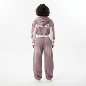 Custom Women Acid Wash Mauve Pink <b>Cropped</b> Hoodie Wide Leg <b>Jogger</b> Set Cotton Fleece Streetwear Tracksuit OEM Wholesale - Product Image 2
