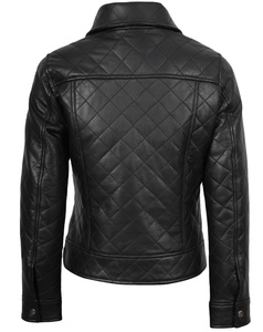 Luxury Womens Black Genuine Leather Woven <b>Quilted</b> Zipper Slim Fit Textured Designer Biker Jacket Crew Neck Premium Custom OEM - Product Image 5