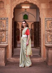 Saree en soie de satin exquis avec tissage Zari Latakan unique et vêtements indiens et pakistanais à la frontière attrayante - Product Image 5