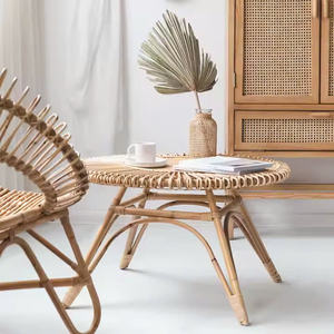 Handwoven <b>Rattan</b> Round Side <b>Table</b> / Stool with Woven Base and Wood Top for Living Room & Accent Decor - Product Image 3