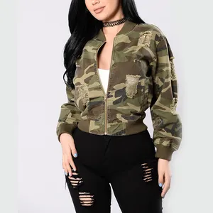 2023 baru tiba jaket Crop berpori wanita kustom Crop Top cetak Camo Twill Denim Distress jaket Jeans wanita dijual