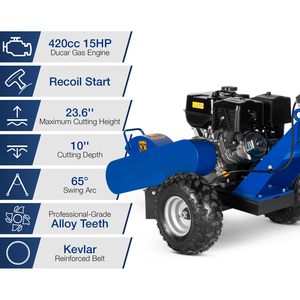 Broyeur de souches et de racines à essence 15HP 420cc, châssis pivotant à 65 degrés, hauteur de coupe 23,6'', profondeur de coupe 10'', broyeur déchiqueteur - Product Image 5