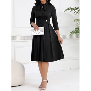 Women's Tuvakar Sleeveless, Neckline-Tie <b>Buttoned</b> Midi Imported Crepe <b>Dress</b>, 37615 - <b>Black</b> - Product Image 2