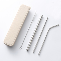 Lot de 4 pailles réutilisables en acier inoxydable avec brosse de nettoyage Paille de blé dégradable Boîte cadeau