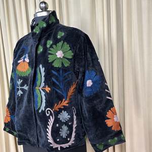 Boho Chic Retro Chic Free Size XL Hand Embroidered Black Floral Velvet Suzani <b>Jacket</b> Open Front Winter Coat with Robe Style - Product Image 6